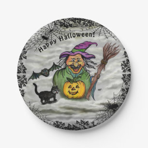 Witch , Cat , Bat and Pumpkin , Happy Halloween ! Paper Plate