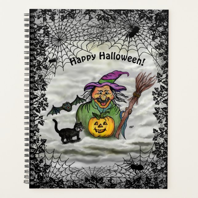 Witch , Cat , Bat and Pumpkin , Happy Halloween ! Planner (Front)
