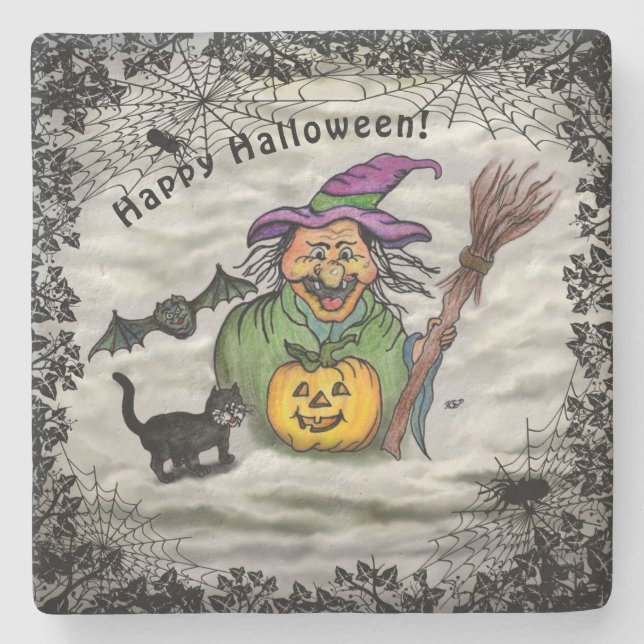 Witch , Cat , Bat and Pumpkin , Happy Halloween ! Stone Coaster (Front)
