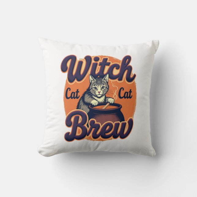 Witch Cat Brew Throw Pillow (Front)