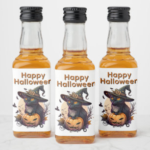 Witch Cat for Happy Halloween Liquor Bottle Label