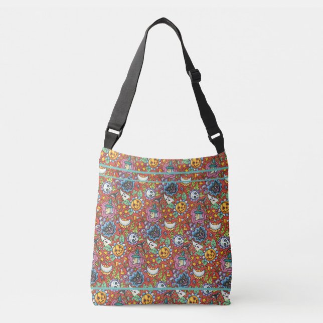 WITCH, CAT, GHOST, COLORFUL HALLOWEEN FOLK GARDEN CROSSBODY BAG (Front)