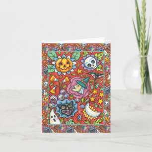 WITCH, CAT, GHOST, COLORFUL HALLOWEEN FOLK GARDEN HOLIDAY CARD