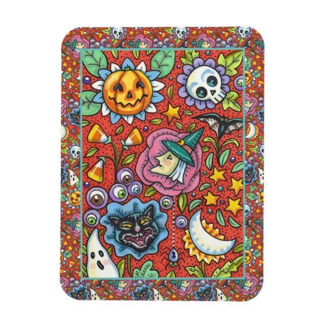 WITCH, CAT, GHOST, COLORFUL HALLOWEEN FOLK GARDEN MAGNET (Vertical)
