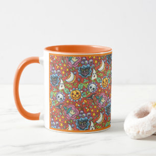 WITCH, CAT, GHOST, COLORFUL HALLOWEEN FOLK GARDEN MUG