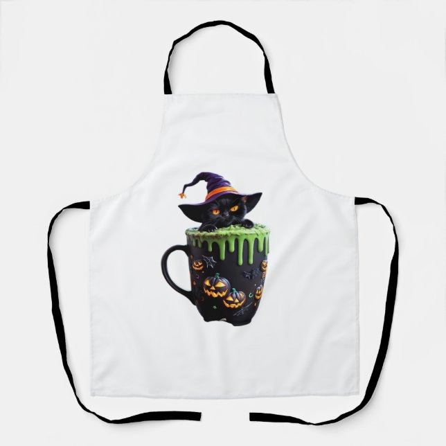 Witch Cat Halloween Coffee Mug – Cute Black Cat wi Apron (Front)
