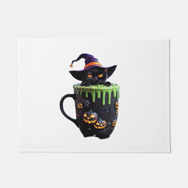 Witch Cat Halloween Coffee Mug – Cute Black Cat wi Doormat (Front)