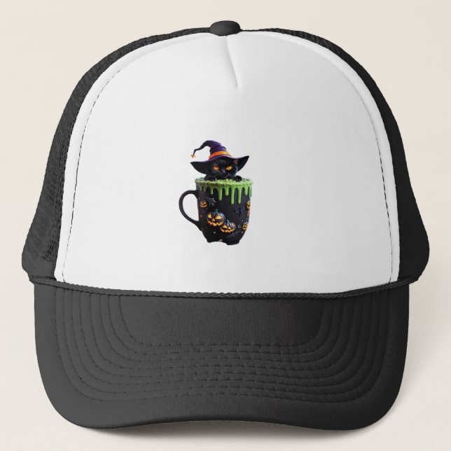Witch Cat Halloween Coffee Mug  Cute Black Cat wit Trucker Hat (Front)