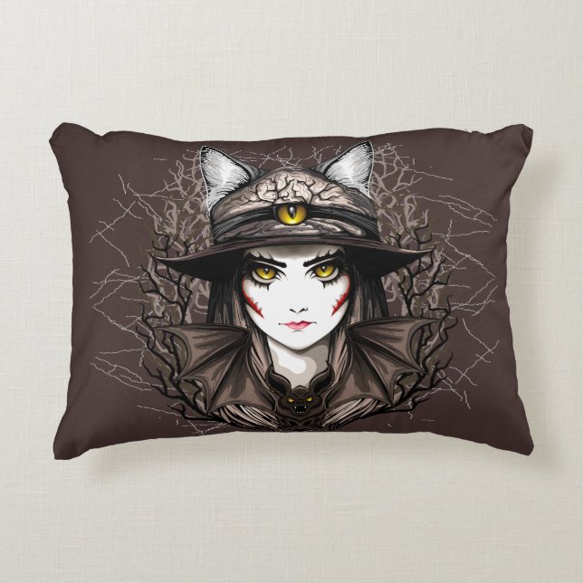 Witch Cat Halloween Creepy Cute Portrait Accent Pillow (Front)
