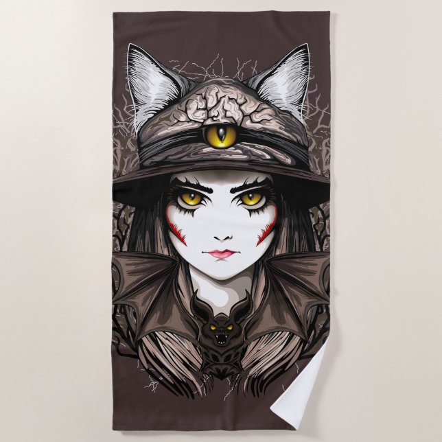 Witch Cat Halloween Creepy Cute Portrait Beach Towel (Front)