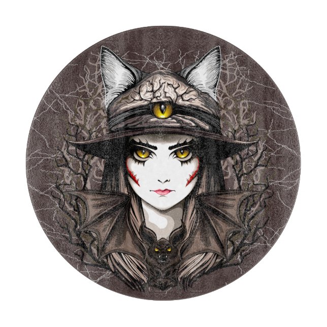 Witch Cat Halloween Creepy Cute Portrait Cutting Board (Front)