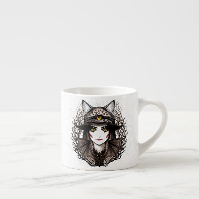 Witch Cat Halloween Creepy Cute Portrait Espresso Cup (Right)