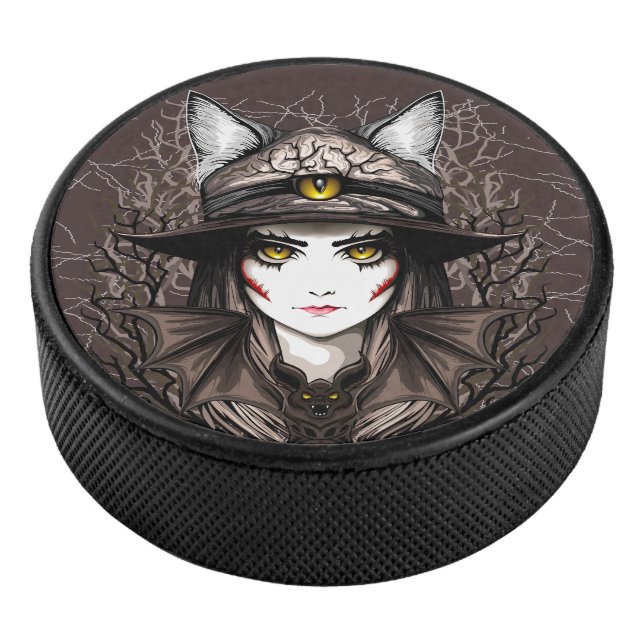 Witch Cat Halloween Creepy Cute Portrait Hockey Puck (3/4)