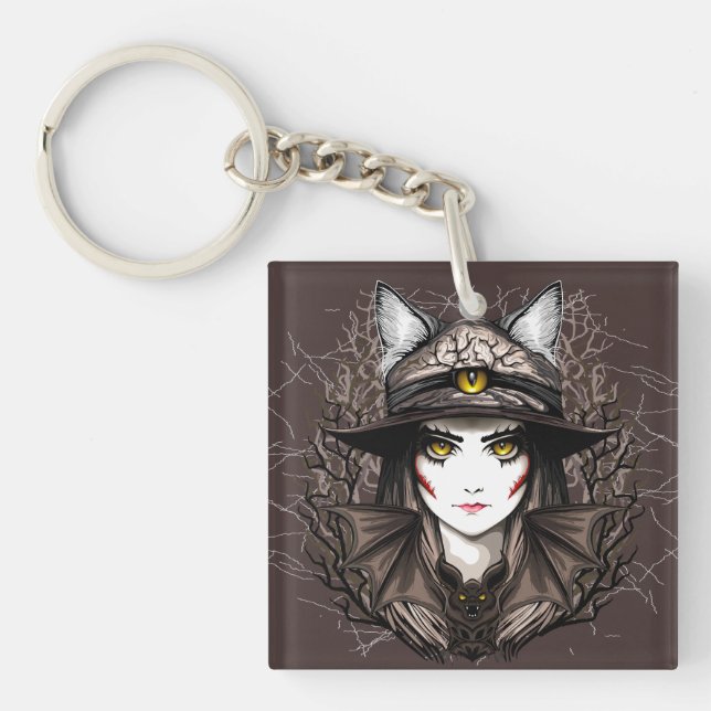 Witch Cat Halloween Creepy Cute Portrait Keychain (Front)