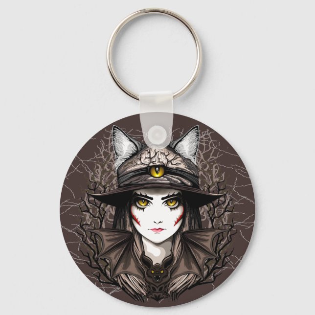 Witch Cat Halloween Creepy Cute Portrait Keychain (Front)