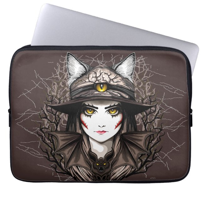 Witch Cat Halloween Creepy Cute Portrait Laptop Sleeve (Front)