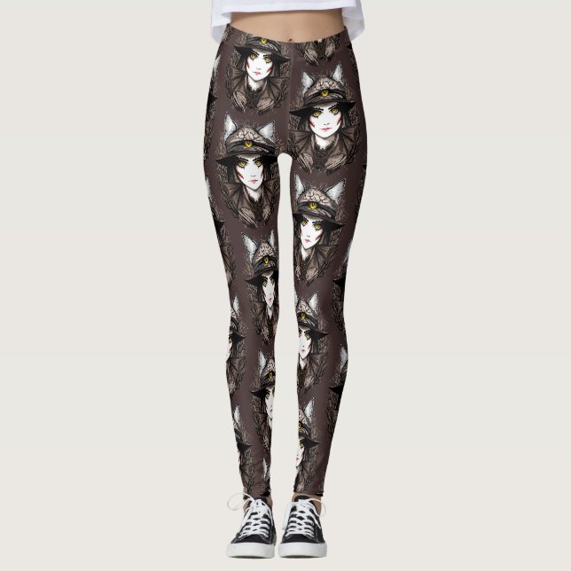 Witch Cat Halloween Creepy Cute Portrait Leggings (Front)