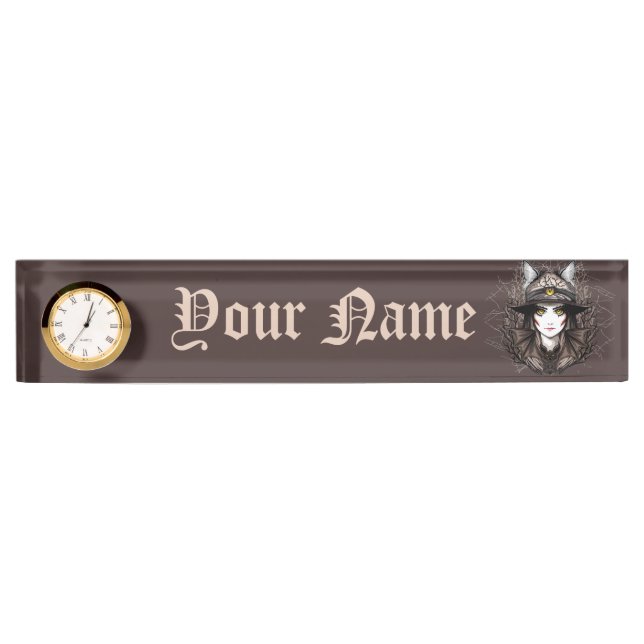 Witch Cat Halloween Creepy Cute Portrait Nameplate (Front)