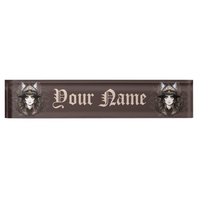 Witch Cat Halloween Creepy Cute Portrait Nameplate (Front)