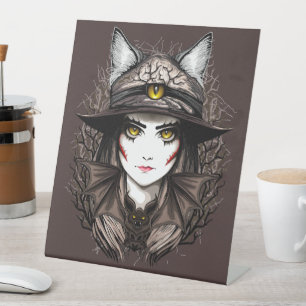 Witch Cat Halloween Creepy Cute Portrait Pedestal Sign