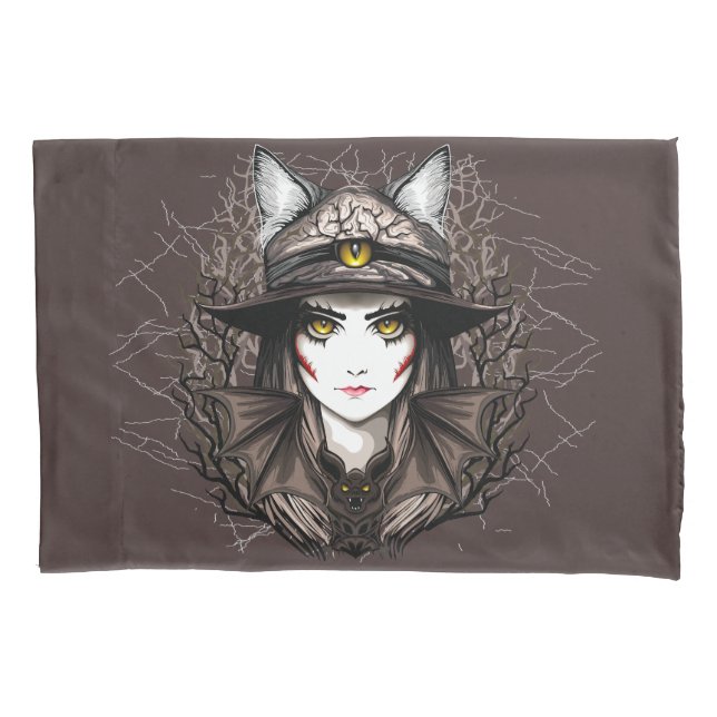 Witch Cat Halloween Creepy Cute Portrait Pillowcase (Front)