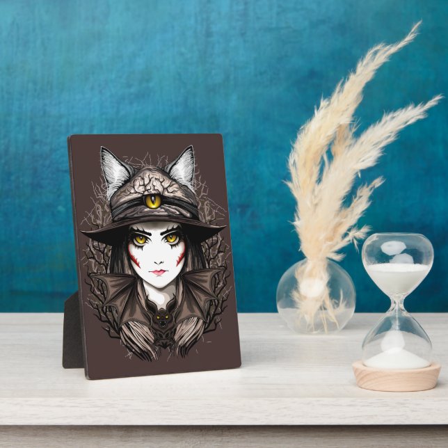 Witch Cat Halloween Creepy Cute Portrait Plaque (Side)