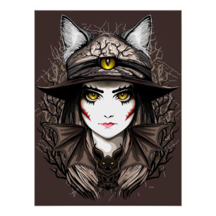 Witch Cat Halloween Creepy Cute Portrait Poster