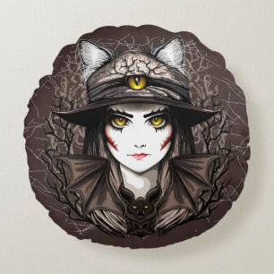 Witch Cat Halloween Creepy Cute Portrait Round Pillow