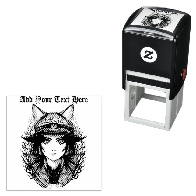 Witch Cat Halloween Creepy Cute Portrait Self-inking Stamp (In Situ)