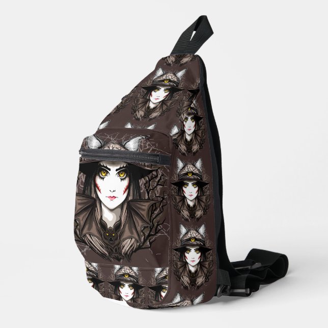 Witch Cat Halloween Creepy Cute Portrait Sling Bag (Right Corner)