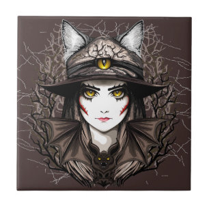 Witch Cat Halloween Creepy Cute Portrait Tile