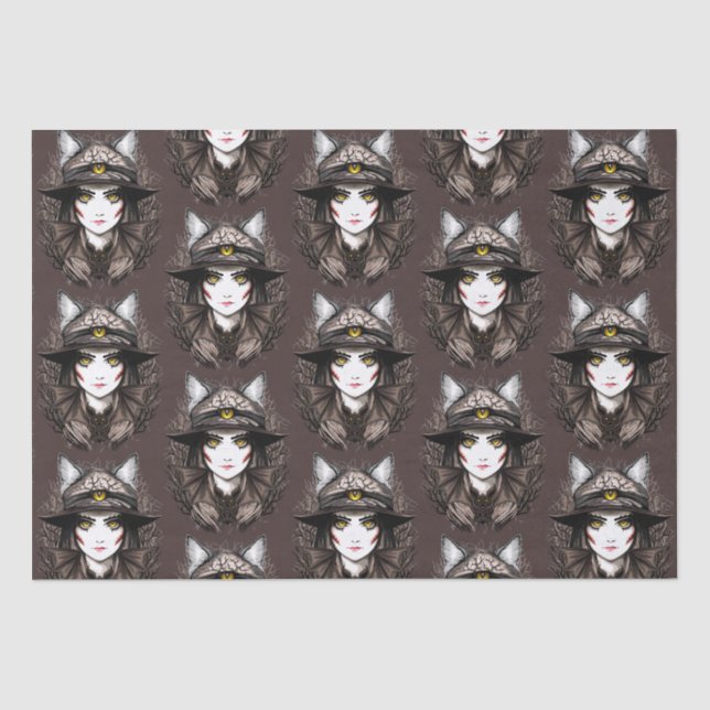Witch Cat Halloween Creepy Cute Portrait Tissue Paper (Front)