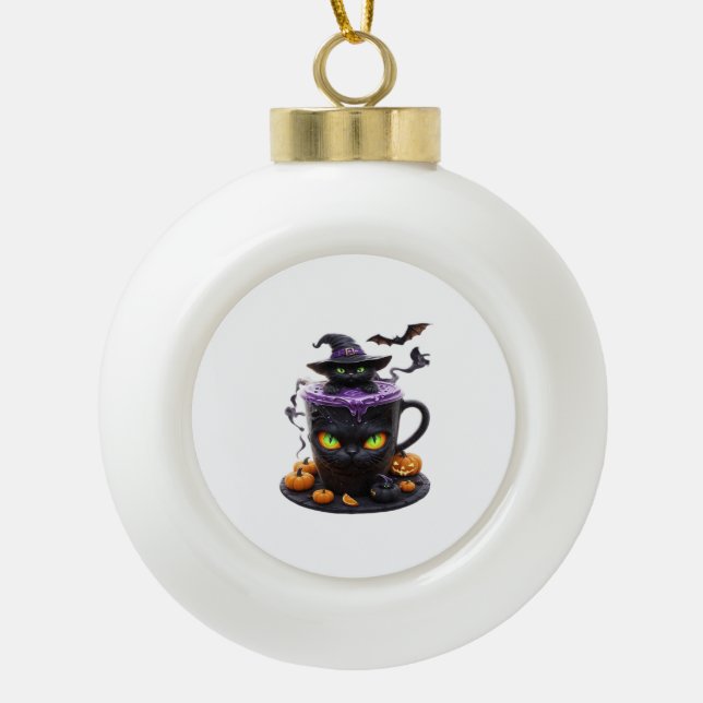Witch Cat Halloween Latte – Creepy Cute Coffee wit Ceramic Ball Christmas Ornament (Front)