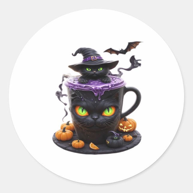 Witch Cat Halloween Latte � Creepy Cute Coffee wit Classic Round Sticker (Front)