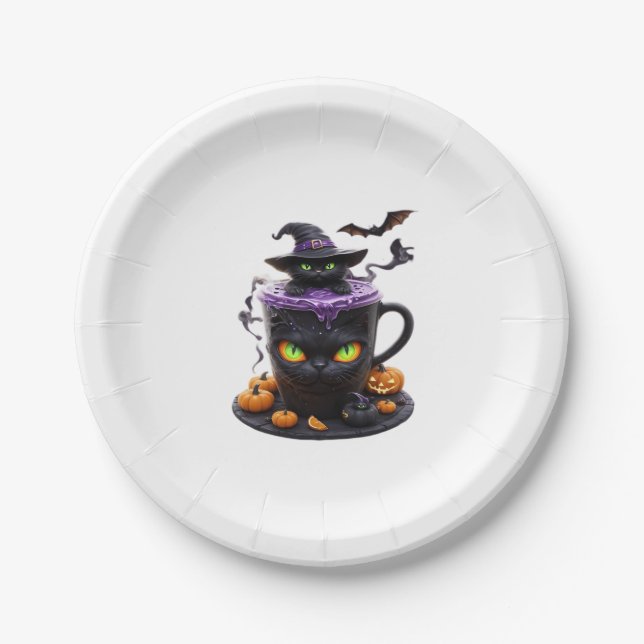 Witch Cat Halloween Latte – Creepy Cute Coffee wit Paper Plate (Front)