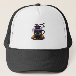 Witch Cat Halloween Latte  Creepy Cute Coffee with Trucker Hat