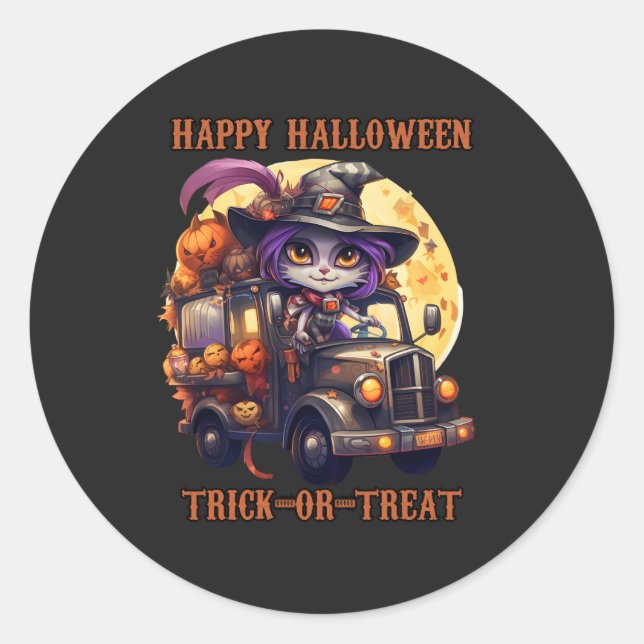 Witch Cat Halloween Trucker Kids Spooky Festive Ri Classic Round Sticker (Front)