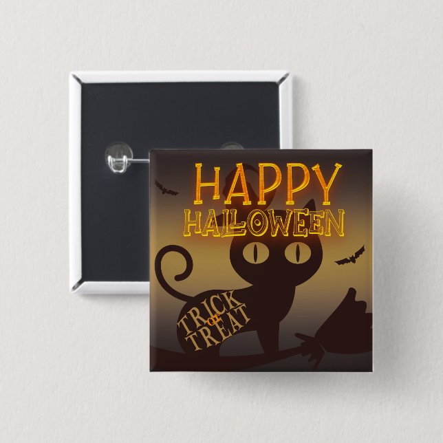 Witch Cat Happy Halloween    2 Inch Square Button (Front & Back)