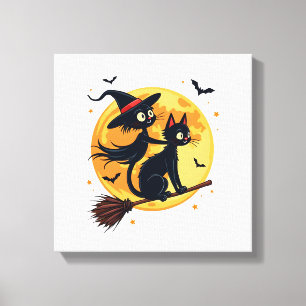 Witch Cat on a Broomstick � Halloween Night Vector Canvas Print
