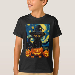 Witch Cat Starry Night Van Gogh Retro Halloween Ca T-Shirt