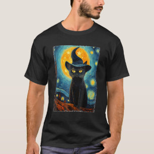 Witch Cat Starry Night Van Gogh Retro Halloween Ca T-Shirt