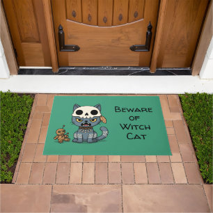 Witch Cat Voodoo Doll Green Custom Text Doormat