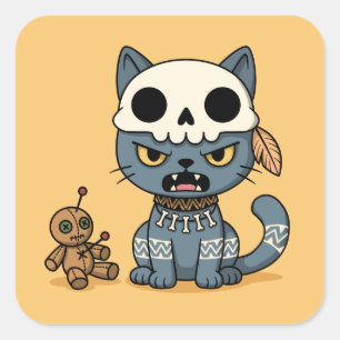 Witch Cat Voodoo Doll on Yellow Square Sticker