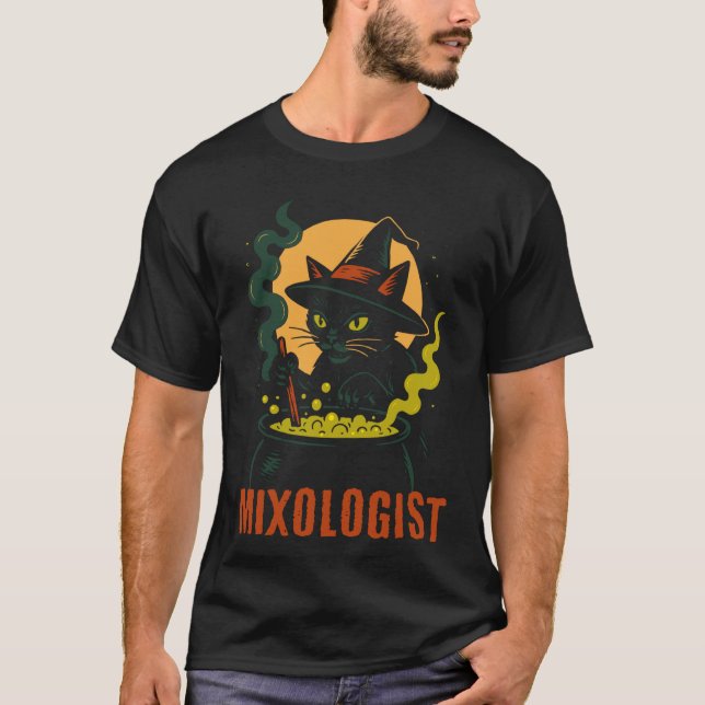 Witch Cat Witchy Halloween Bartender Mixologists T-Shirt (Front)