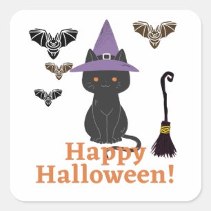 Witch Cat with Bats Happy Halloween! Square Sticker