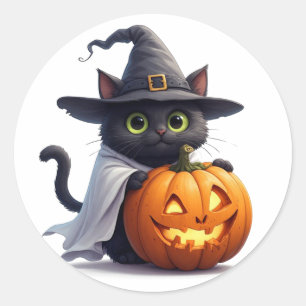 Witch Cat With Jack O Lantern Halloween Theme 🎃 Classic Round Sticker