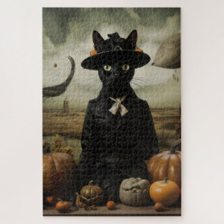 Witch Cat with Pumpkins Jigsaw Puzzle