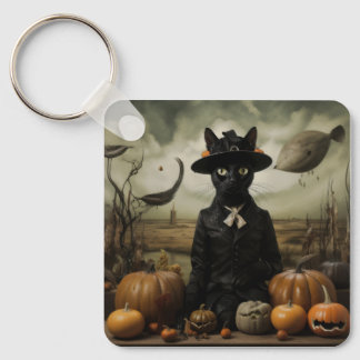 Witch Cat with Pumpkins  Keychain