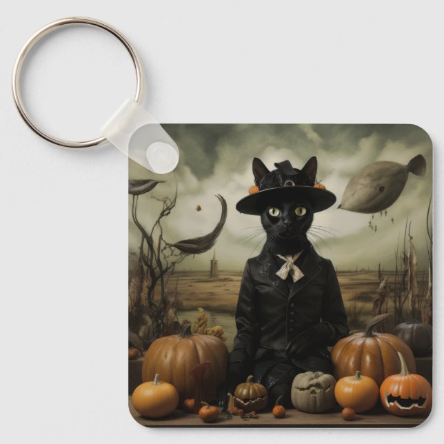 Witch Cat with Pumpkins  Keychain (Front)