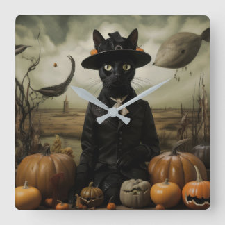 Witch Cat with Pumpkins Square Wall Clock